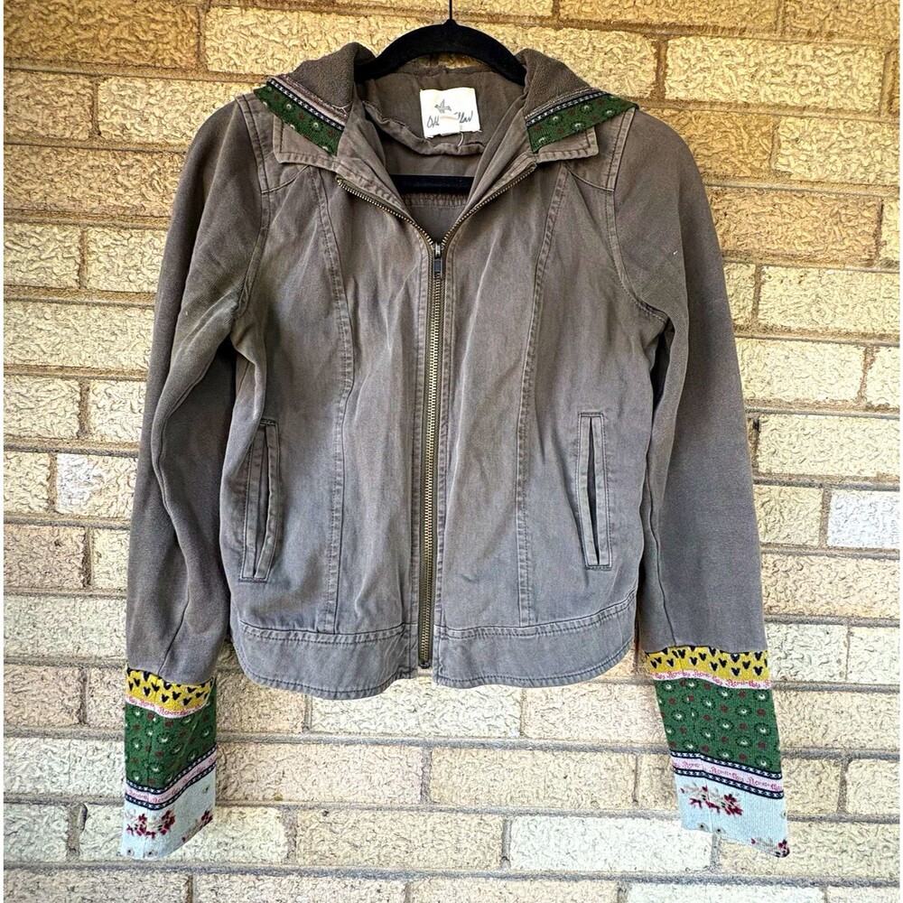 Others Follow Women's Cropped Gray Hooded Zip Jacket W Patterned Sleeves Size S